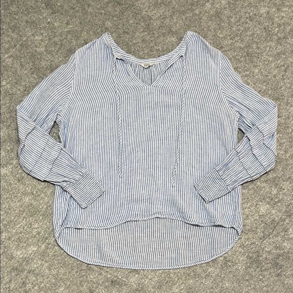 Rails Blue and White Striped V-Neck Tunic Linen Blend